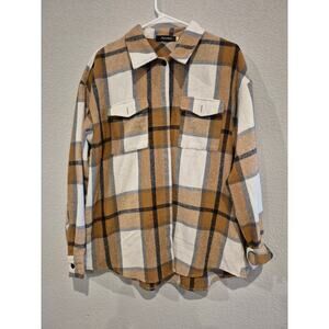 Automet Women's Checked Collared Shirt Jacket Medium Cream Brown White